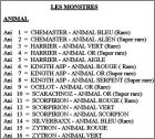 Liste des montres animal